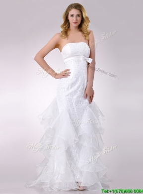 Exquisite Column Strapless Brush Train Beaded Bridal Dress in Organza