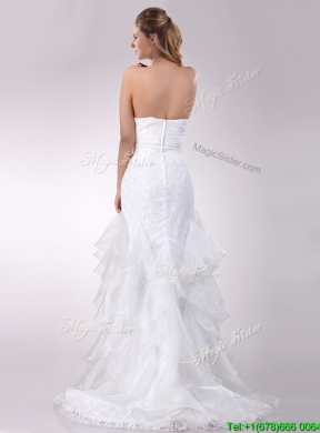 Exquisite Column Strapless Brush Train Beaded Bridal Dress in Organza