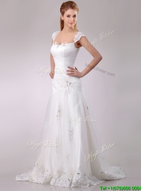 Exquisite Square Tulle Mermaid Brush Train Wedding Dress with Beading