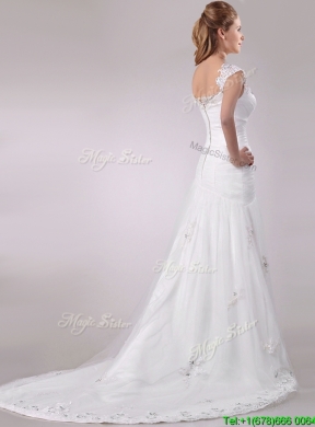 Exquisite Square Tulle Mermaid Brush Train Wedding Dress with Beading