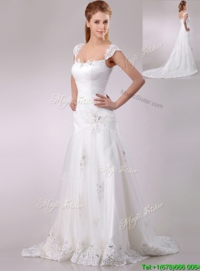 Exquisite Square Tulle Mermaid Brush Train Wedding Dress with Beading