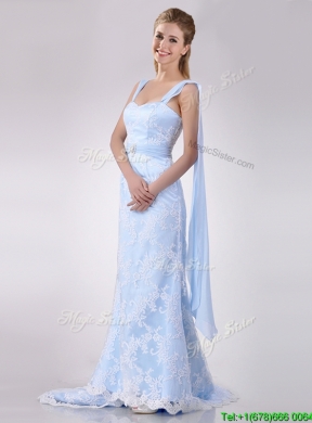 Gorgeous Mermaid Beaded and Laced Light Blue Wedding Dress with Brush Train