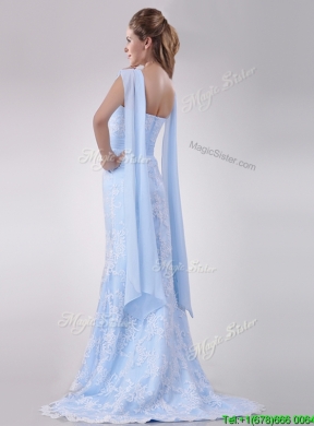 Gorgeous Mermaid Beaded and Laced Light Blue Wedding Dress with Brush Train