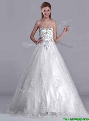 Luxurious Strapless Princess Brush Train Beaded Wedding Dress in Tulle