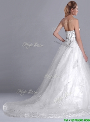 Luxurious Strapless Princess Brush Train Beaded Wedding Dress in Tulle