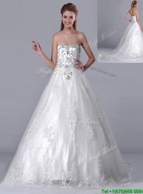 Luxurious Strapless Princess Brush Train Beaded Wedding Dress in Tulle