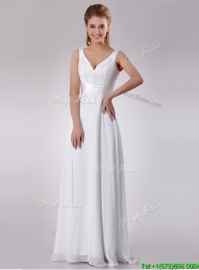 Most Popular Empire V Neck Chiffon Beaded Wedding Dress with Sweep Train