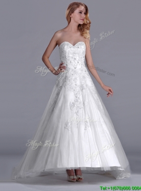 Popular A Line Brush Train Tulle Zipper Up Bridal Dress with Beading and Lace