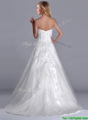 Popular A Line Brush Train Tulle Zipper Up Bridal Dress with Beading and Lace