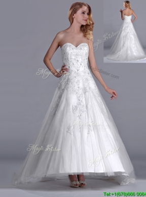 Popular A Line Brush Train Tulle Zipper Up Bridal Dress with Beading and Lace