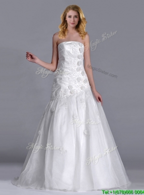 Popular Column Brush Train Bridal Dress with Beading and Hand Crafted