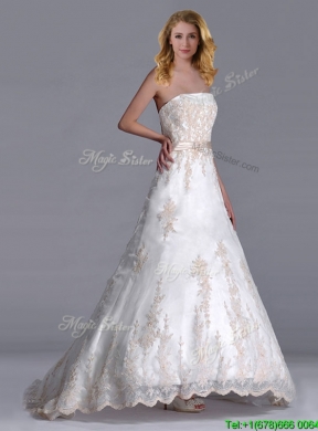 Popular Princess Strapless Applique and Belted Wedding Gown with Brush Train