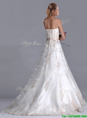 Popular Princess Strapless Applique and Belted Wedding Gown with Brush Train