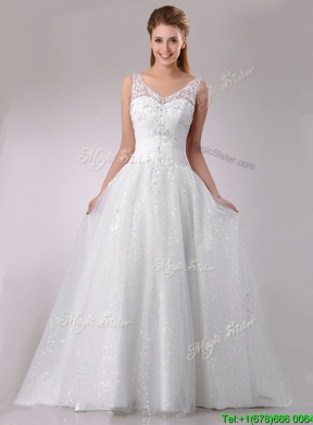 The Super Hot A Line V Neck Court Train Beaded Wedding Dress in Tulle