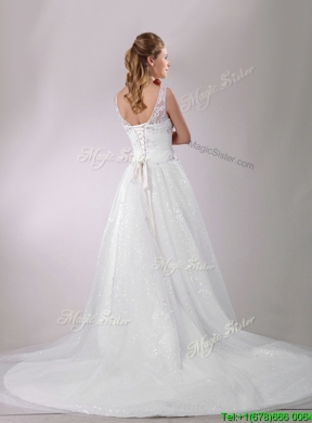 The Super Hot A Line V Neck Court Train Beaded Wedding Dress in Tulle