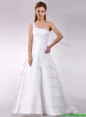 Top Selling One Shoulder Beaded and Ruffled Layered Zipper Up Wedding Dress with Brush Train