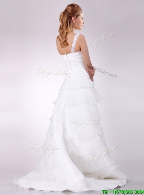 Top Selling One Shoulder Beaded and Ruffled Layered Zipper Up Wedding Dress with Brush Train