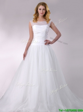 Wonderful A Line Scoop Court Train Tulle Wedding Dress with Beading