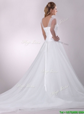 Wonderful A Line Scoop Court Train Tulle Wedding Dress with Beading