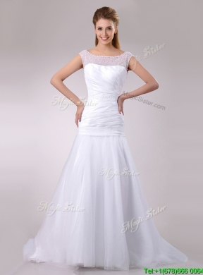 Wonderful Column Cap Sleeves Beaded and Ruched Wedding Dress in Tulle