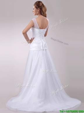 Wonderful Column Cap Sleeves Beaded and Ruched Wedding Dress in Tulle