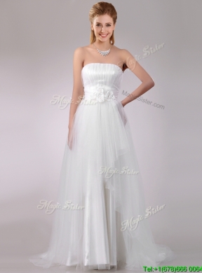 Wonderful Strapless Brush Train Wedding Dress with Handcrafted Flowers