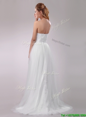 Wonderful Strapless Brush Train Wedding Dress with Handcrafted Flowers