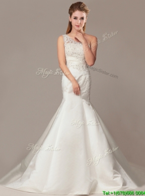 Beaded Decorate Shoulder Mermaid Wedding Dresses with Court Train