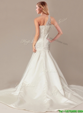 Beaded Decorate Shoulder Mermaid Wedding Dresses with Court Train