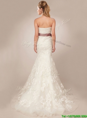 Classical Mermaid Strapless Side Zipper Wedding Dresses with Lace and Sashes