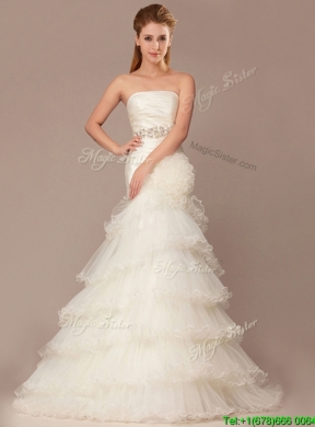 Exquisite Mermaid Beading and Ruffles Layers Wedding Dresses with Brush Train