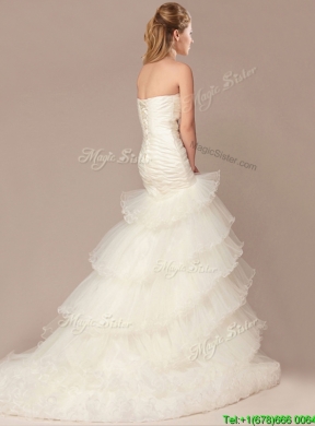 Exquisite Mermaid Beading and Ruffles Layers Wedding Dresses with Brush Train