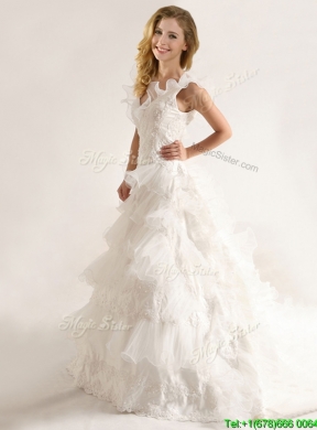 Fashionable Applique and Ruffled Layers Wedding Dresses with Deep V Neck