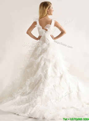 Fashionable Applique and Ruffled Layers Wedding Dresses with Deep V Neck