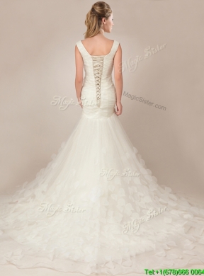 Flirting Fitted Mermaid Deep V Neckline Wedding Dresses with Appilques and Ruching