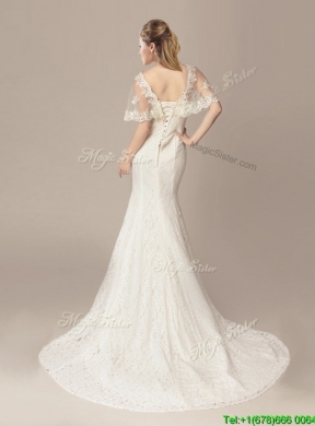 Gorgeous Mermaid V Neck Court Train Short Sleeves Wedding Dresses with Lace and Appliques