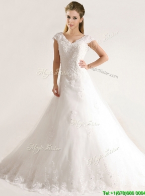 Romantic Laced and Applique Short Sleeves Wedding Dresses with Court Train