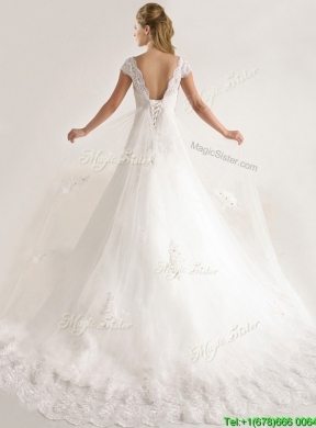 Romantic Laced and Applique Short Sleeves Wedding Dresses with Court Train