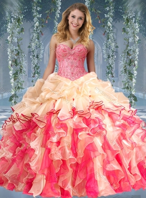 Beautiful Really Puffy Red and Champagne Beaded and Ruffled Quinceanera Dress