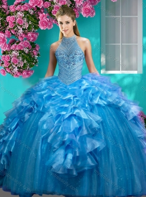 Gorgeous Beaded and Ruffled Quinceanera Dress with Halter Top