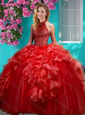 Gorgeous Beaded and Ruffled Quinceanera Dress with Halter Top