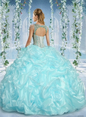 Gorgeous Cap Sleeves Beaded Light Blue Quinceanera Dress with Deep V Neck