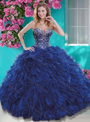 Luxurious Brush Train Blue Quinceanera Dress with Beading and Ruffles