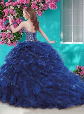 Luxurious Brush Train Blue Quinceanera Dress with Beading and Ruffles