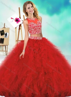 See Through Two Piece Red Quinceanera Dress with Beading and Ruffles