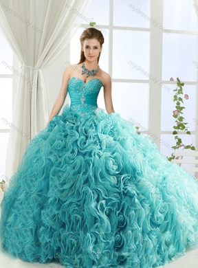 Beaded and Applique Big Puffy Detachable Quinceanera Dresses in Aqua Blue