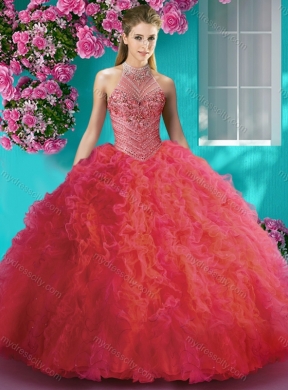 Cheap Halter Top Beaded and Ruffled Classic Quinceanera Dresses with Puffy Skirt