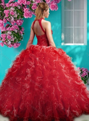 Cheap Halter Top Beaded and Ruffled Classic Quinceanera Dresses with Puffy Skirt