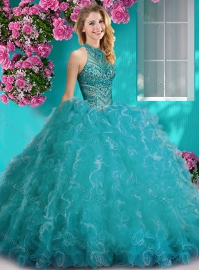 Cheap Halter Top Beaded and Ruffled Classic Quinceanera Dresses with Puffy Skirt