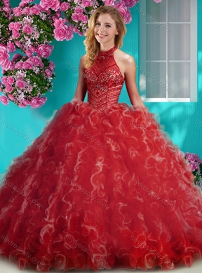 Cheap Halter Top Beaded and Ruffled Classic Quinceanera Dresses with Puffy Skirt